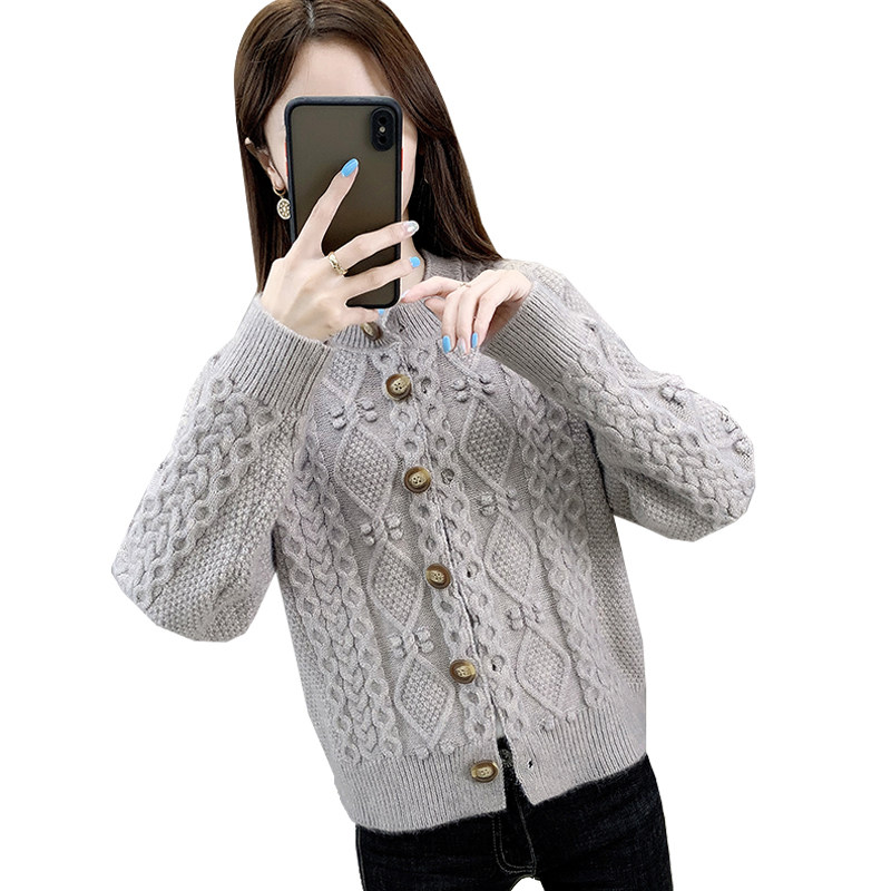 纯色麻花针织女开衫2020秋季潮毛衣 欧彩影毛针织衫