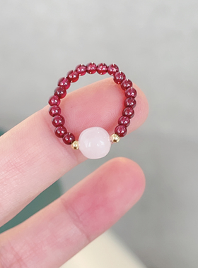 S925纯银石榴石粉水晶戒指女简约手工弹力绳小众设计感食指指环