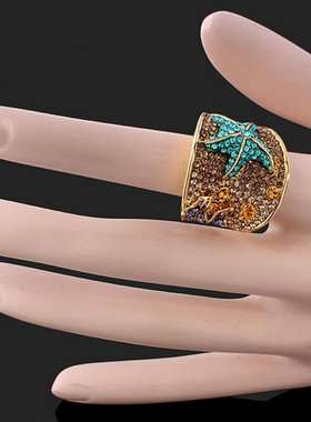 蓝色海星水晶日韩风夜店夸张戒指