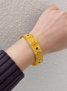 仿黄金镀沙金手镯女精品国潮风镂空花丝蝴蝶重工鎏金镯子金色手环