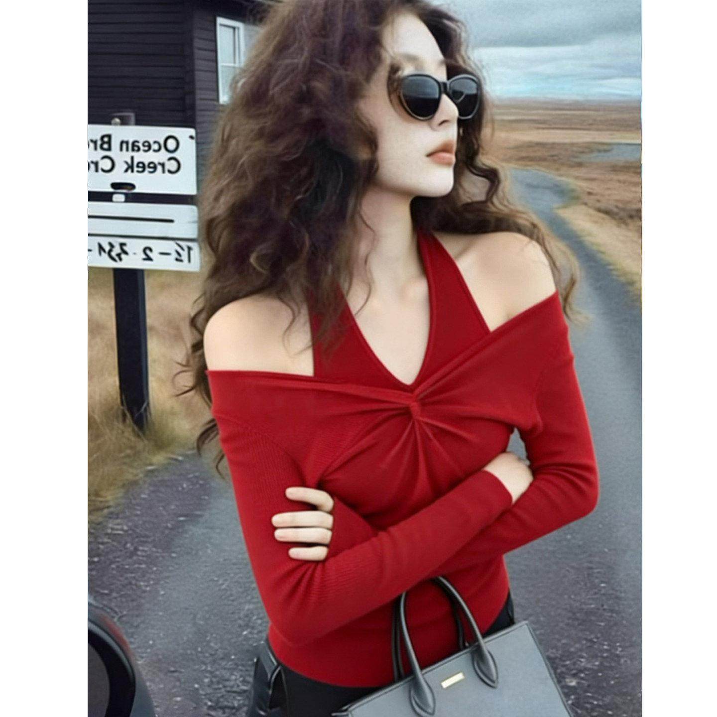 高级感绝美纯色挂脖露肩长袖假两件针织衫女秋冬款超好看显瘦上衣,淘宝优惠券,粉丝福利购,淘宝优惠卷