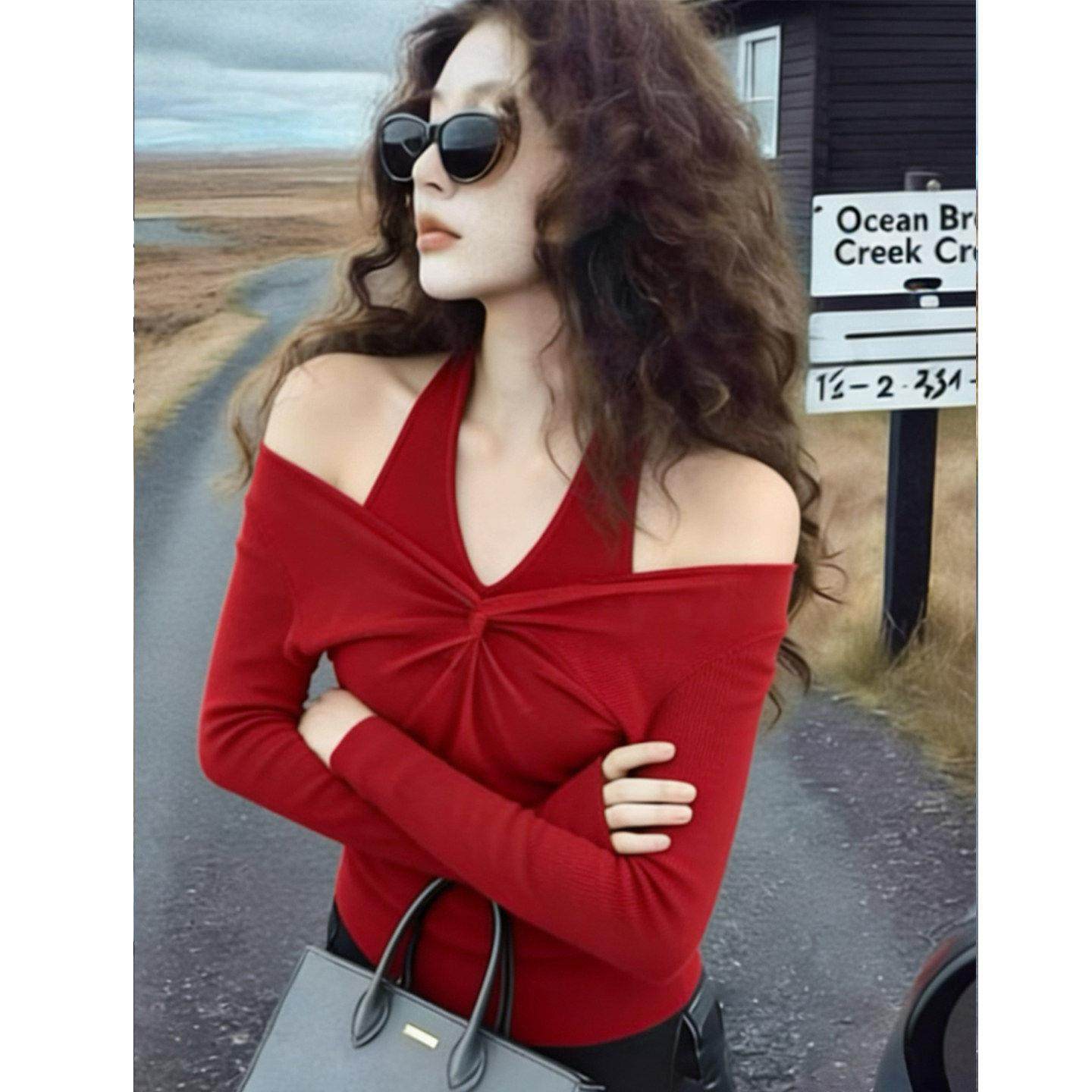 高级感绝美纯色挂脖露肩长袖假两件针织衫女秋冬款超好看显瘦上衣,淘宝优惠券,粉丝福利购,淘宝优惠卷