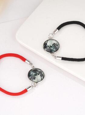 热销日月恋人不锈钢时光宝石编织手绳情人节情侣手链月亮手环