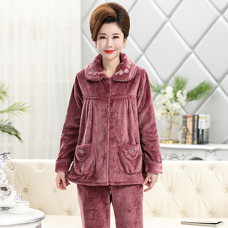 中老年人秋冬珊瑚绒妈妈加绒睡衣 冰概念睡衣/家居服套装