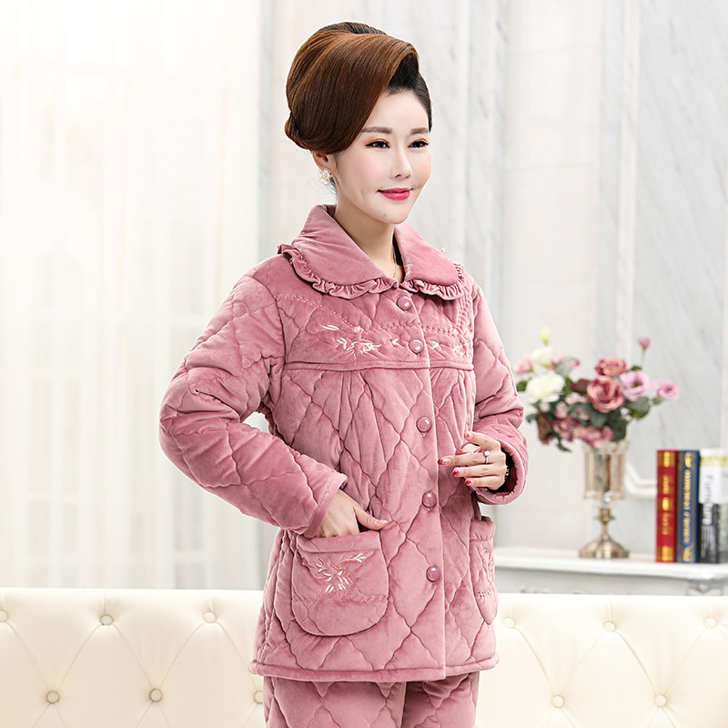 女士三层夹棉法兰绒中老年妈妈睡衣 冰概念睡衣/家居服套装