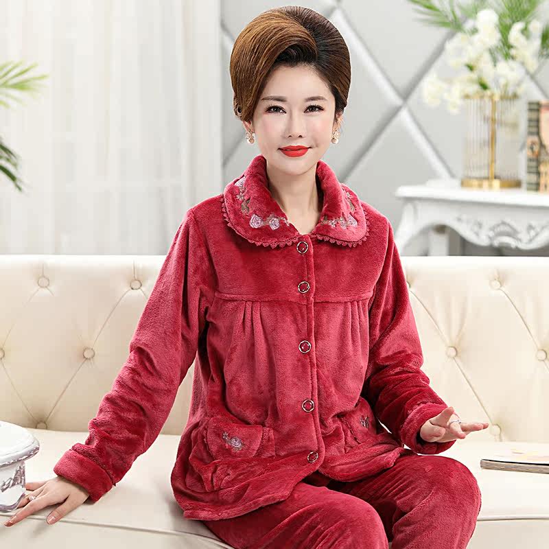 妈妈秋冬珊瑚绒中老年人加绒睡衣 冰概念睡衣/家居服套装