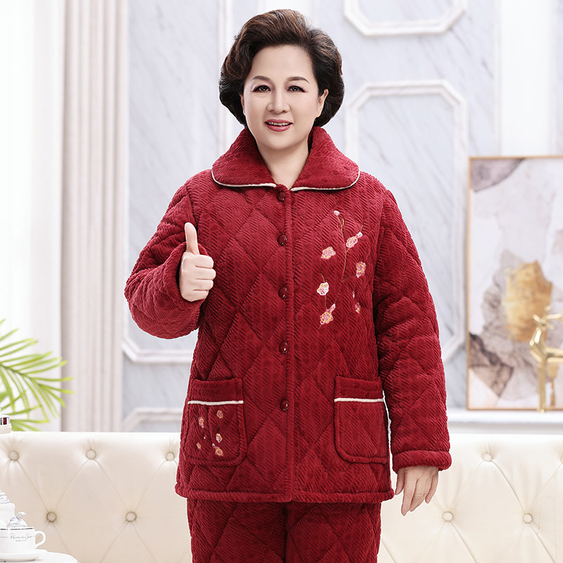 冬季老人睡衣女三层加绒中老年家居服妈妈保暖套装加厚珊瑚绒夹棉,淘宝优惠券,粉丝福利购,淘宝优惠卷