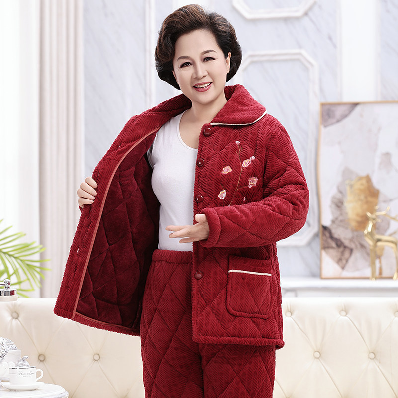 冬季老人睡衣女三层加绒中老年家居服妈妈保暖套装加厚珊瑚绒夹棉,淘宝优惠券,粉丝福利购,淘宝优惠卷