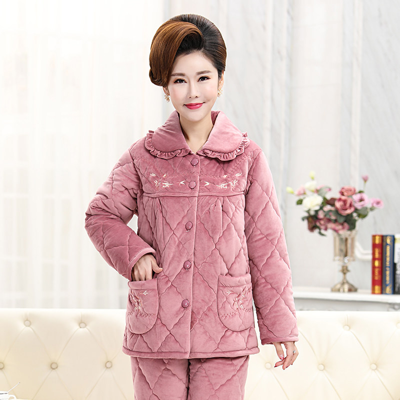 女士三层夹棉法兰绒中老年妈妈睡衣 冰概念睡衣/家居服套装