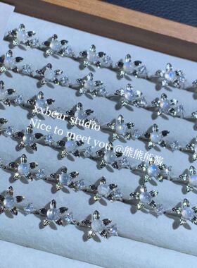 熊酱 天然蓝月光水晶戒指复古宫廷可调节活口轻奢小众饰品礼物