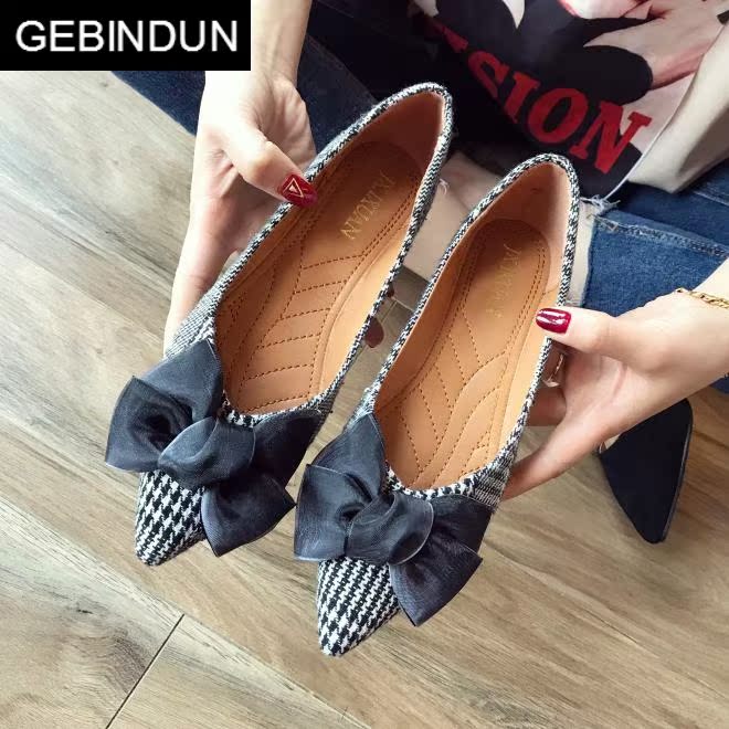 哥宾杜旗舰店GEBINDU轻奢欧美范女鞋平底尖头大码单鞋甜美蝴蝶结千鸟格拼色舒1