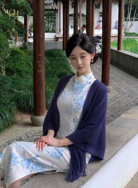 秋冬百搭披肩藏青色旗袍女外搭夏薄款复古文艺针织流苏1014k