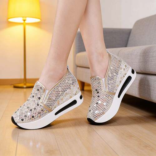春夏时尚休闲内增高网面鞋女2026新款软厚底透气亮片单鞋0329e - 图2
