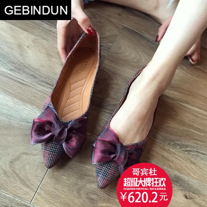 哥宾杜旗舰店GEBINDU轻奢欧美范女鞋平底尖头大码单鞋甜美蝴蝶结千鸟格拼色舒0