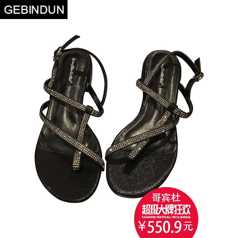 哥宾杜旗舰店GEBINDU轻奢凉鞋2018新款女韩版百搭水钻blingbling粗跟中跟一字3