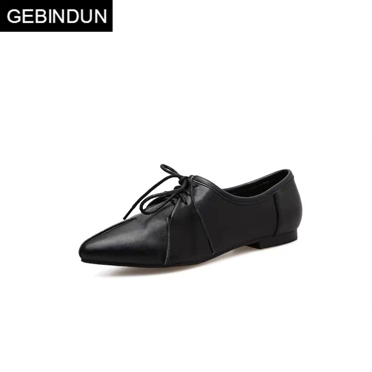 哥宾杜旗舰店GEBINDU欧美女鞋2018春季新款尖头交叉绑带小皮鞋低跟平底百搭舒3