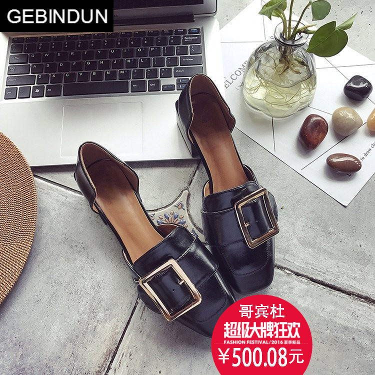 哥宾杜旗舰店GEBINDU轻奢欧美夏季新款漆皮方头金属扣中空高跟鞋女粗跟复古舒0
