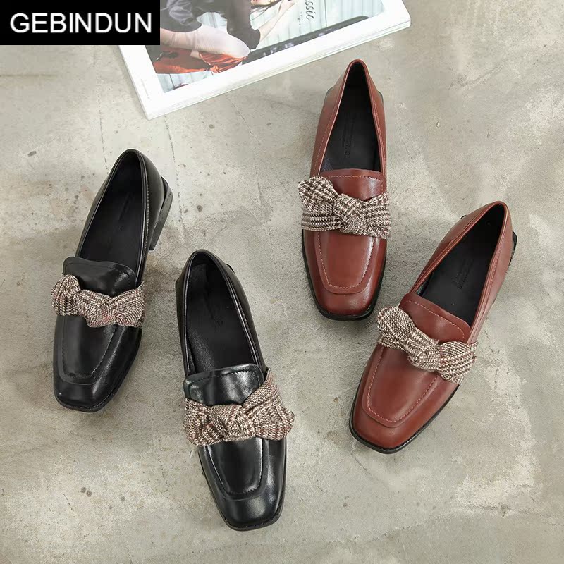 哥宾杜旗舰店GEBINDUchic单鞋女复古2018粗跟方根春季百搭休闲中跟春款方头蝴3