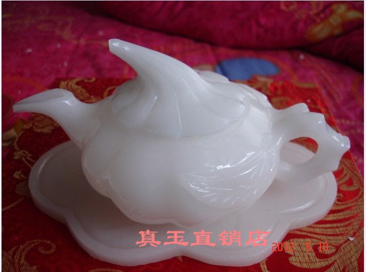 天然阿富汗玉茶具摆件 白玉茶具 酒具 瓜形 瓜壶 晶莹剔透 送盒子 - 图0