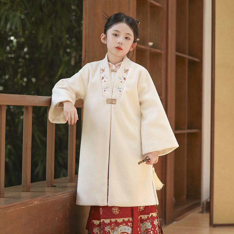 马面裙外套女童汉服秋冬新中式毛呢大衣儿童中国风长袖古装套装秋 - 图2