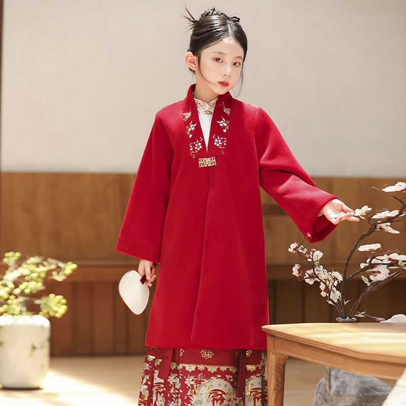 马面裙外套女童汉服秋冬新中式毛呢大衣儿童中国风长袖古装套装秋 - 图0