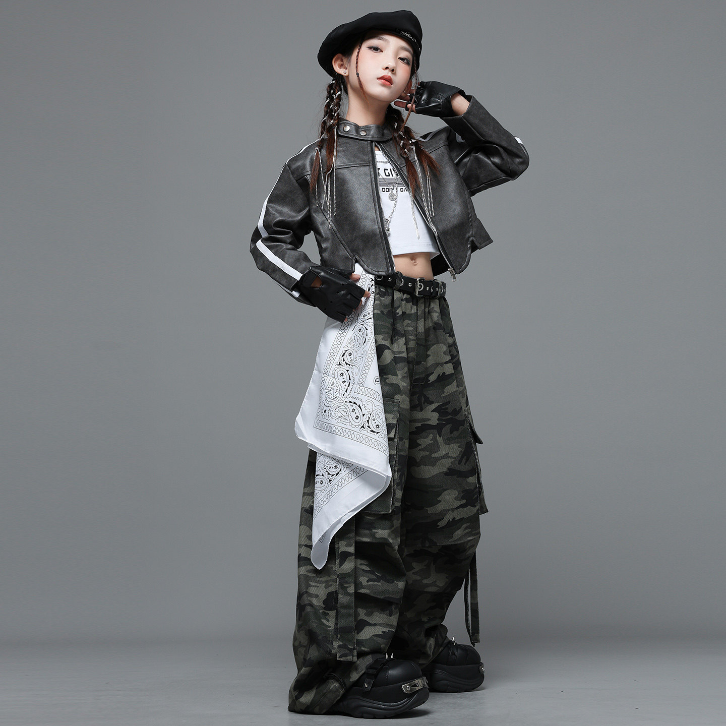 女童爵士舞演出服女孩时髦jazz工装裤女生走秀少儿潮流嘻哈皮外套,淘宝优惠券,粉丝福利购,淘宝优惠卷