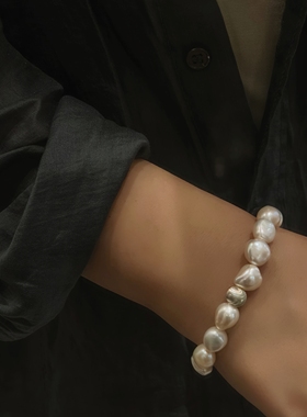 强光巴洛克珍珠天然淡水真珍珠s925纯银法式复古高级珍珠手链手串