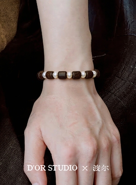 原创设计天然淡水珍珠沉香木手串女款单圈手链男款情侣手串礼物