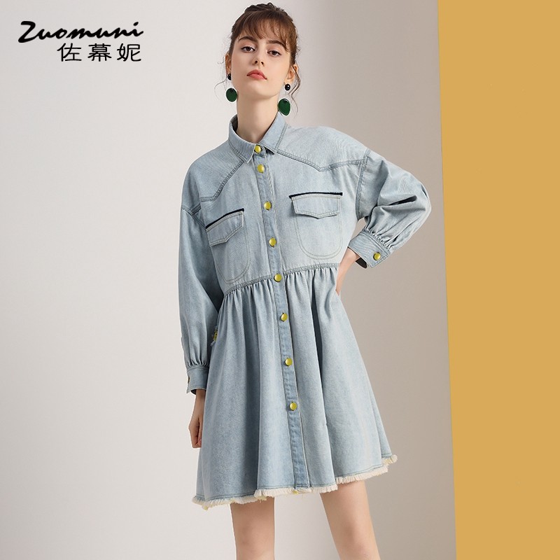 佐幕妮蓝色宽松polo连衣裙女衬衫 佐幕妮连衣裙