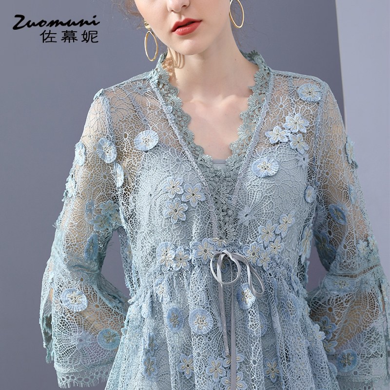 佐幕妮v领蓝色刺绣连衣裙女11450 佐幕妮连衣裙