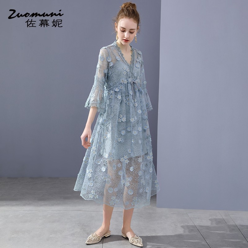 佐幕妮v领蓝色刺绣连衣裙女11450 佐幕妮连衣裙