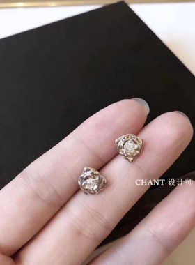 18K金玫瑰金钻石立体玫瑰花耳钉
