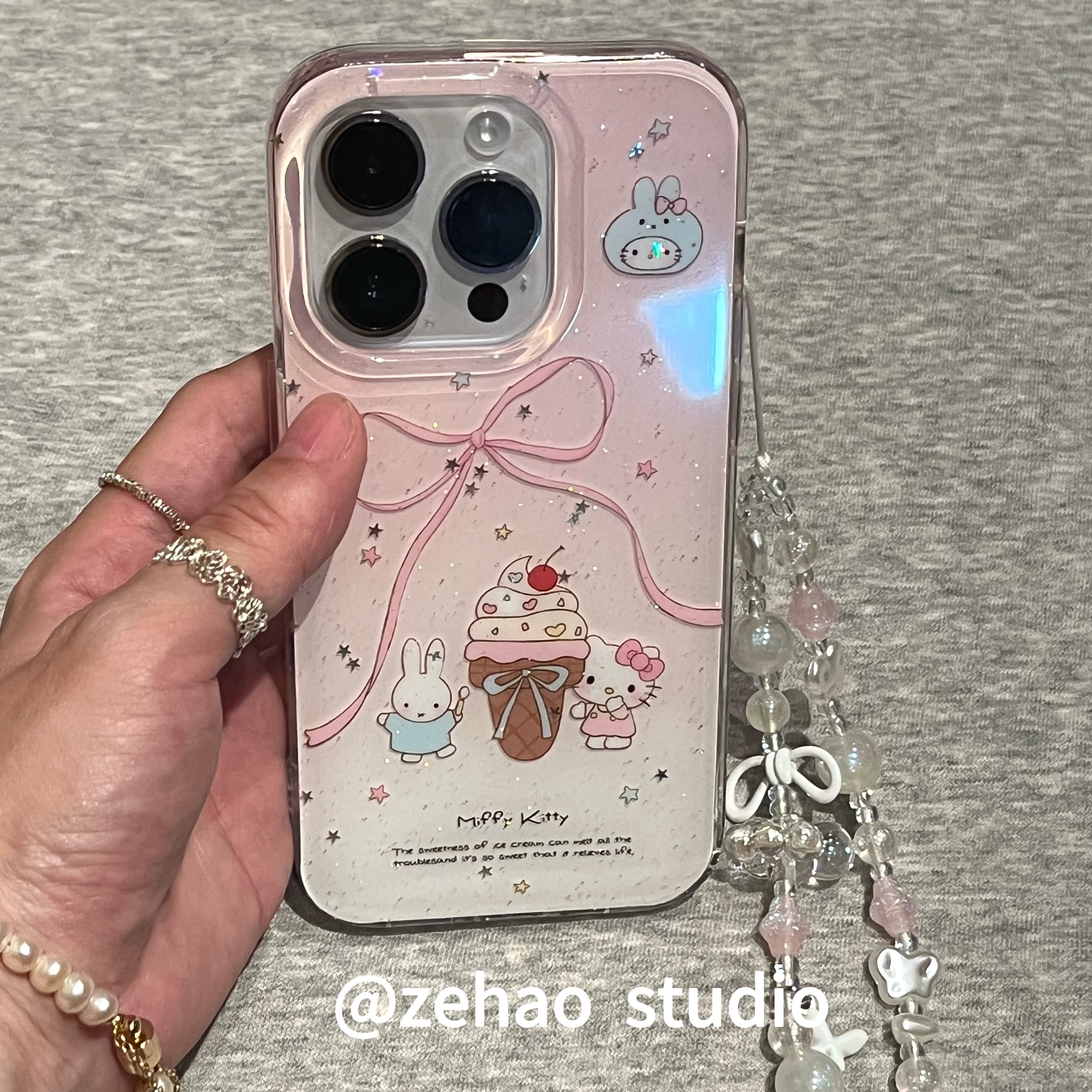 ZEHAO*ins可爱粉米菲甜筒kt双层印花韩系14适用iphone16promax苹果16pro手机壳苹果16/13软15Promax保护套1女 - 图0