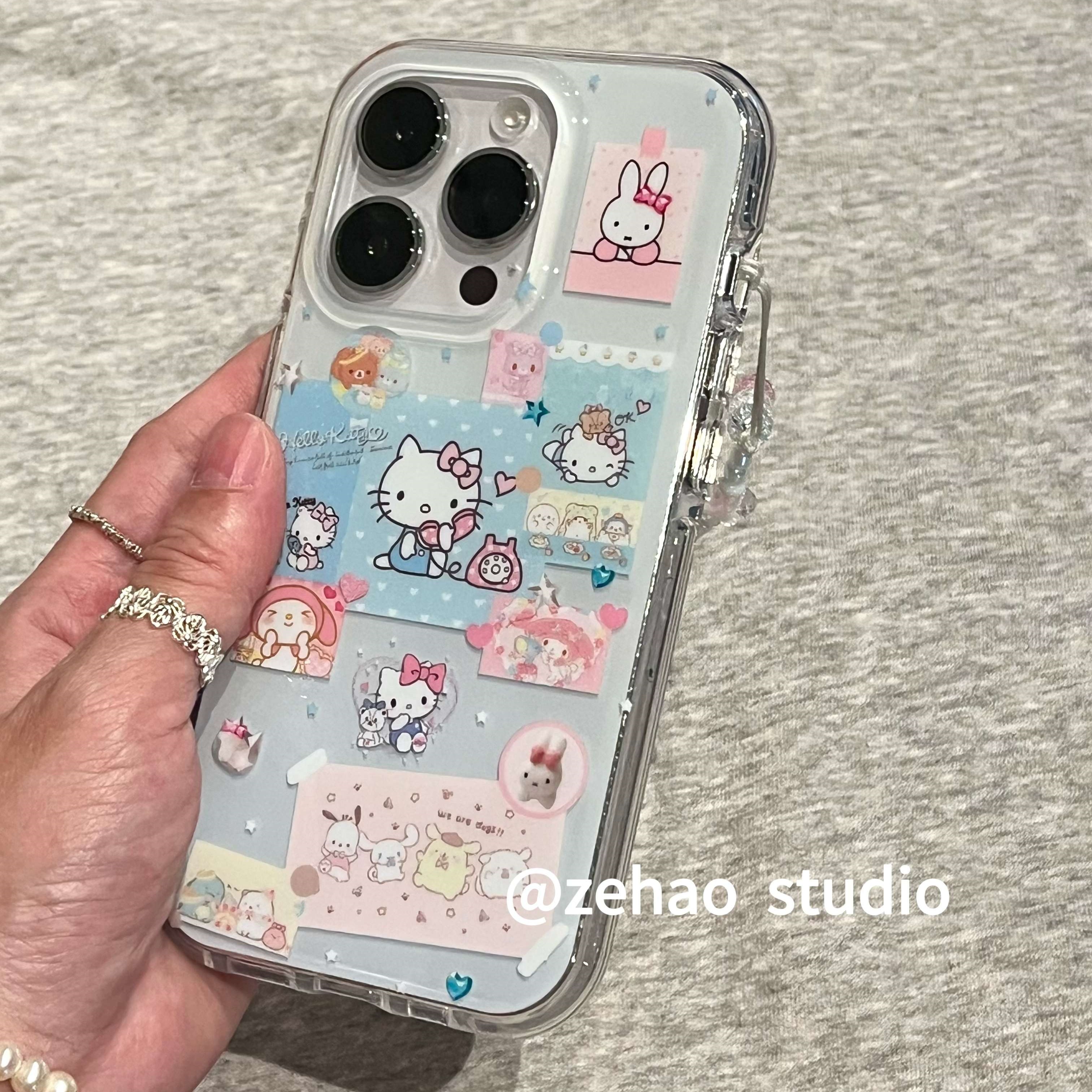 ZEHAO*奶蓝底打电话的kitty双层印花韩系14适用iphone16promax苹果16pro手机壳苹果16/13软15Promax保护套1女 - 图3