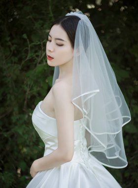 张馨予同款主婚纱头纱新款缎面包边遮面双层蓬蓬结婚婚礼纱配饰白