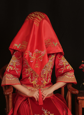 沫朵薇新娘结婚红盖头中式刺绣高档红色秀禾服盖头纱婚礼喜帕头巾
