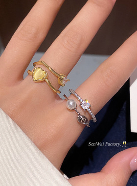韩系微镶锆石爱心开口戒指女轻奢气质高级感食指戒时尚百搭配饰品