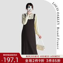 法国LOUIS OAKLEY法式孕妇装秋冬款时尚中长款撞色针织长袖连衣裙