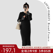 French LOUIS OAKLEY French PREGNANCY DRESS Autumn Winter Style Fashion 100 Hitch Striped Knitted Fur Coat Long Dress