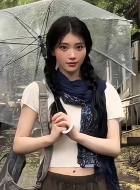 森系复古文艺藏蓝色碎花围巾褶皱棉麻长款披肩氛围感云南拍照配饰