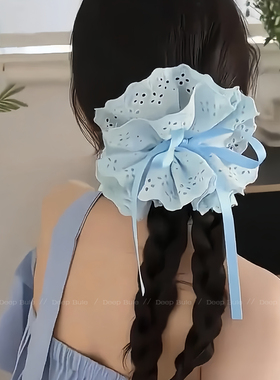 白色蕾丝花边大肠发圈女抽绳绑带调节头绳头饰韩系高级感超大头花