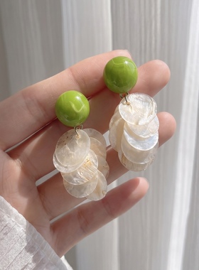耳语象限夏日森系清新天然贝壳镀银针手作设计感耳饰 绿色耳环