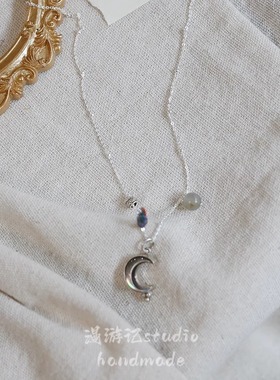 切面拉长石贝母月亮吊坠锁骨项链