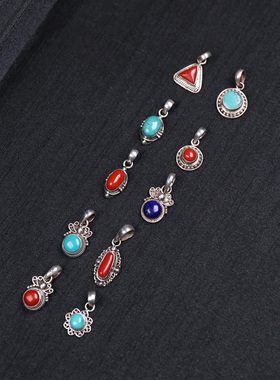 尼泊尔银饰品镶嵌红宝石小吊坠