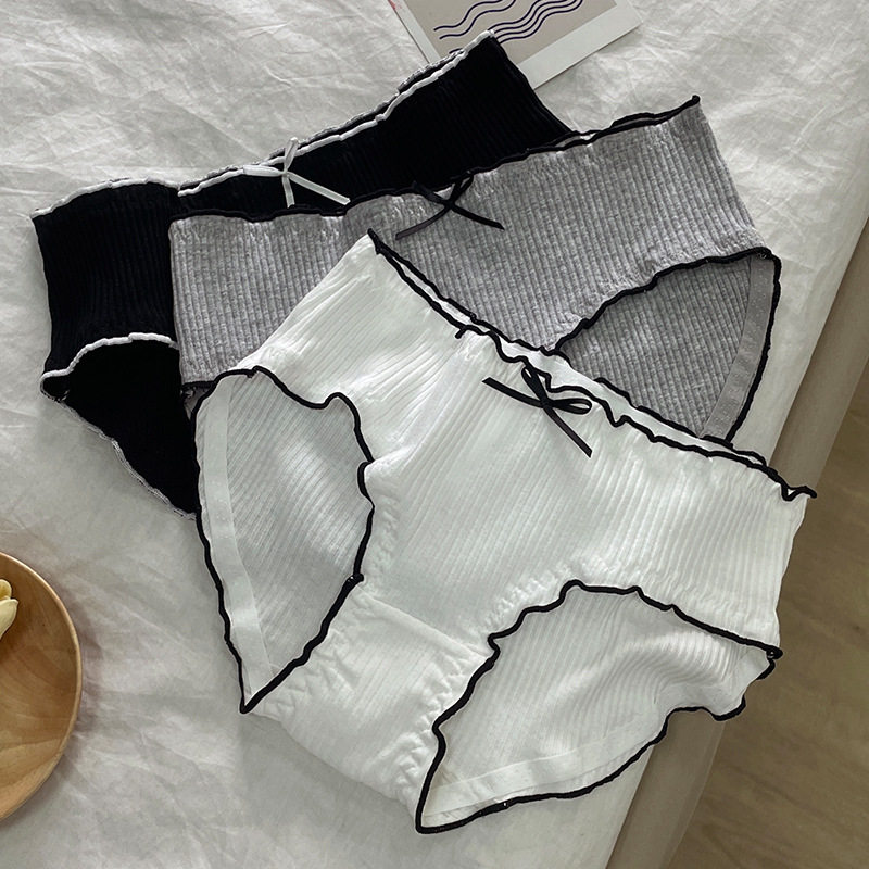 日系学生中腰内裤少女生螺纹透气纯棉档甜美木耳边包臀全棉三角裤,淘宝优惠券,粉丝福利购,淘宝优惠卷