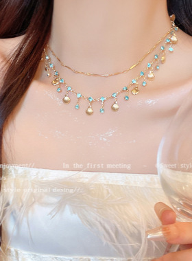 海的女儿蓝色锆石金色贝壳项链女轻奢小众高级感百搭气质手链手饰