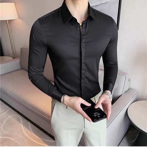 男士宝蓝色衬衫修身痞帅长袖正装时尚主持人舞台演出礼服免烫衬衣 - 图2