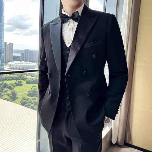新郎塔士多西服男套装修身伴郎结婚正装礼服商务休闲戗驳领小西装 - 图0
