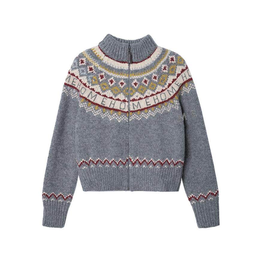 灰色费尔岛软蜡针织女装2025新秋冬覆古慵懒风格高领针织开衫夹克,淘宝优惠券,粉丝福利购,淘宝优惠卷