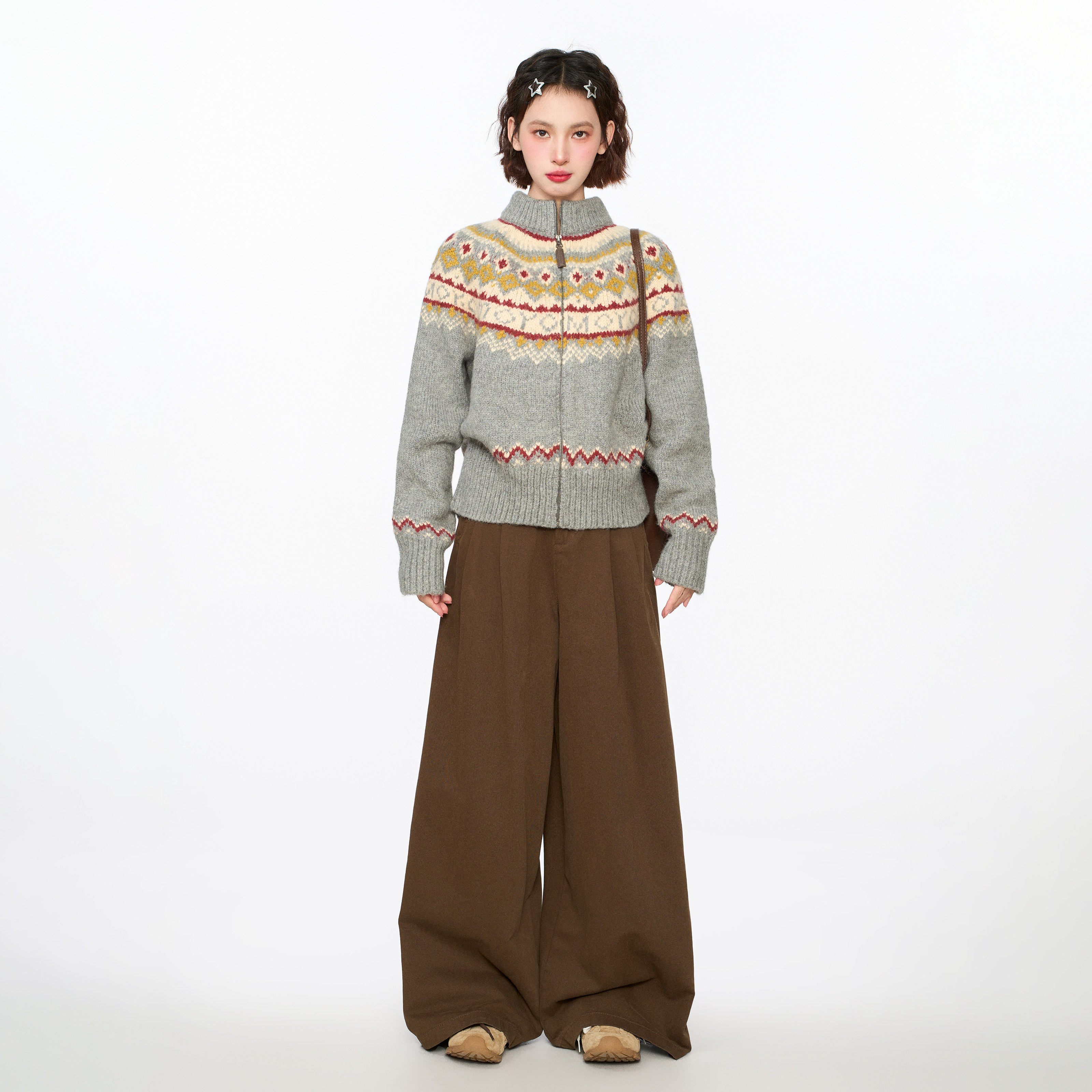 灰色费尔岛高领拉链毛衣开衫女秋冬季慵懒复古加厚针织衫外套冬季,淘宝优惠券,粉丝福利购,淘宝优惠卷